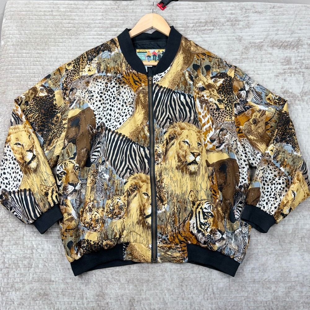 Atlantic Beach Vintage Silk Safari Animal Print Bomber‎ Jacket Lion Zebra Large